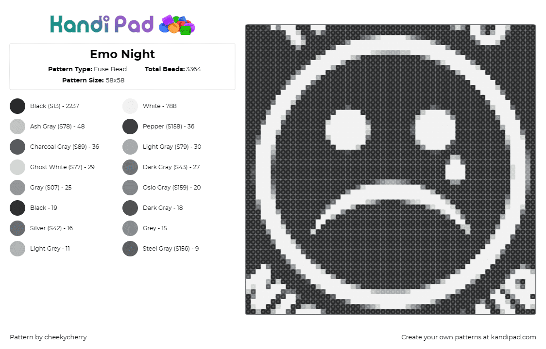 Emo Night - Fuse Bead Pattern by cheekycherry on Kandi Pad - emoji,sad,frown,smiley,face,emo,tear,simple,black,white