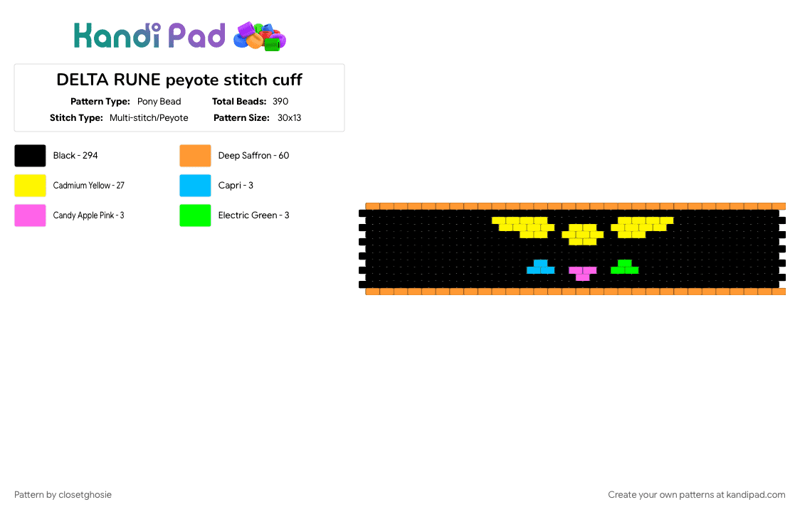 DELTA RUNE peyote stitch cuff - Pony Bead Pattern by closetghosie on Kandi Pad - black, orange, yellow