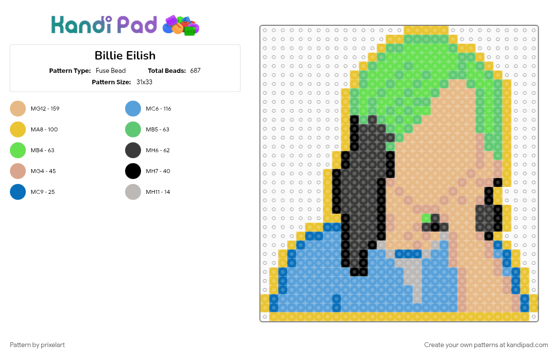 Billie Eilish - Fuse Bead Pattern by prixelart on Kandi Pad - beige, light blue, yellow