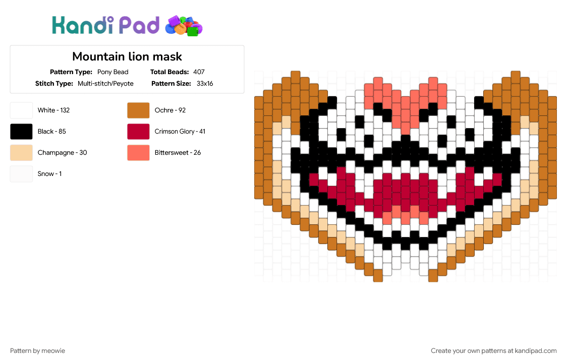 Mountain lion mask - Pony Bead Pattern by meowie on Kandi Pad - animal, furry, kandi, kandi mask, mask, orange, red