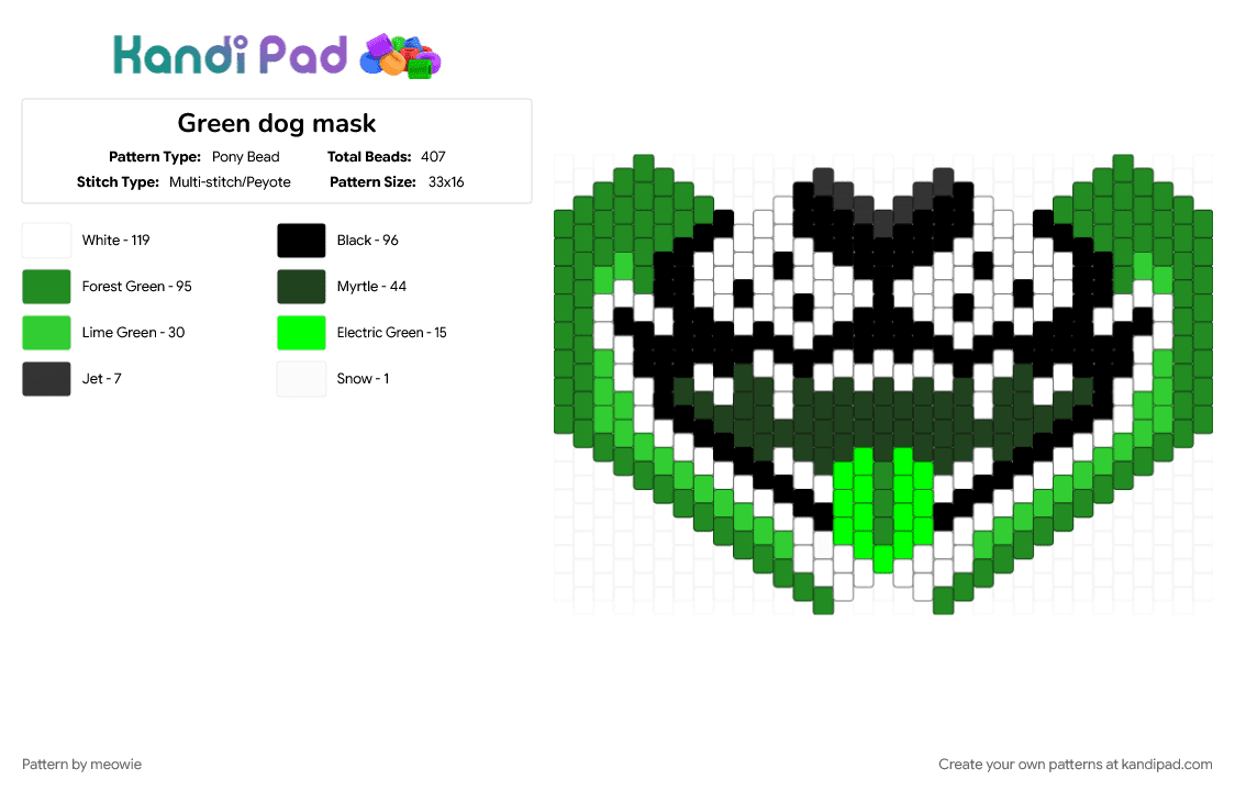 Green dog mask - Pony Bead Pattern by meowie on Kandi Pad - animal, black, dog, furry, green, kandi, kandi mask, mask, white