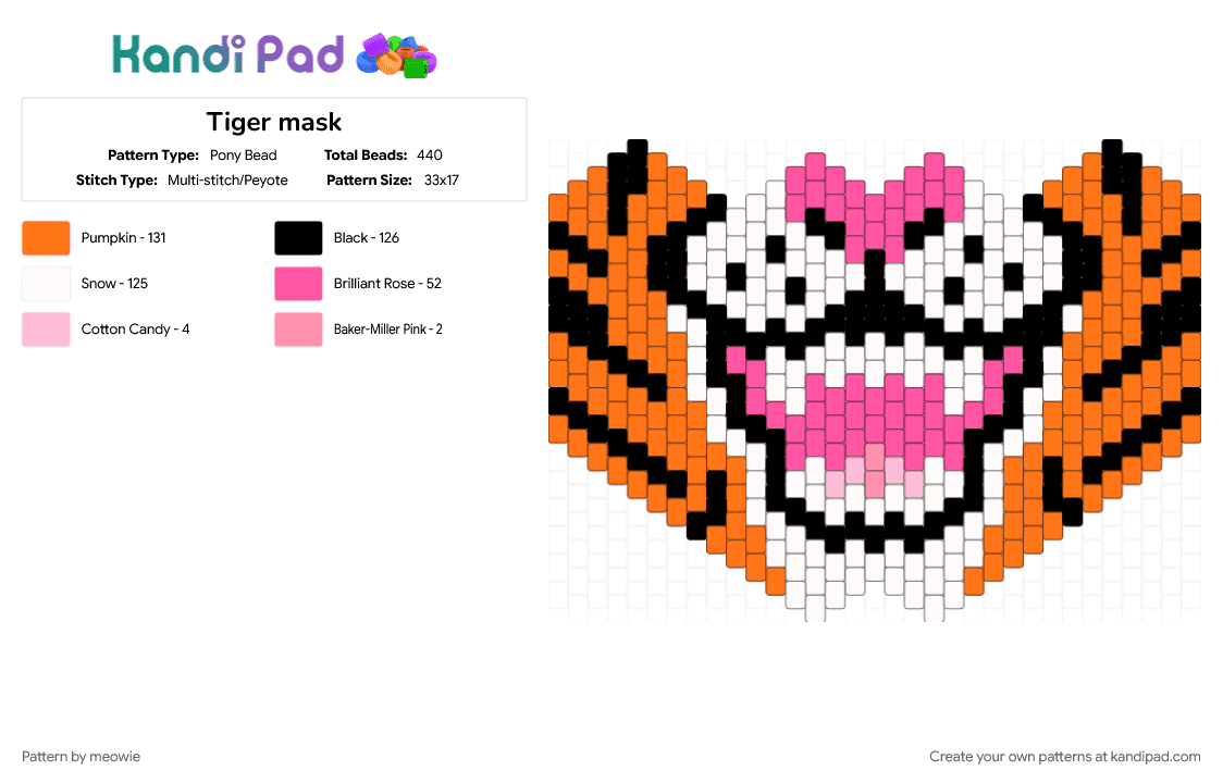 Tiger mask - Pony Bead Pattern by meowie on Kandi Pad - animal, cat, colorful, cosplay, furry, kandi, mask, orange, pink, tiger