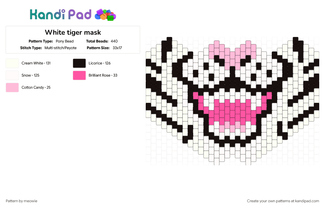 White tiger mask - Pony Bead Pattern by meowie on Kandi Pad - animal, cat, colorful, cosplay, furry, kandi, mask, tiger, white