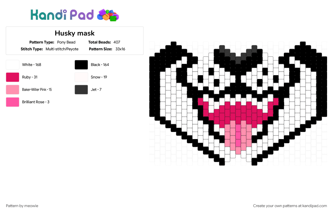 Husky mask - Pony Bead Pattern by meowie on Kandi Pad - animal, black, dog, furry, husky, kandi, kandi mask, mask, white