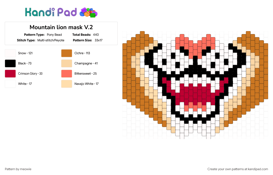 Mountain lion mask V.2 - Pony Bead Pattern by meowie on Kandi Pad - animal, cat, colorful, cosplay, furry, mask, orange