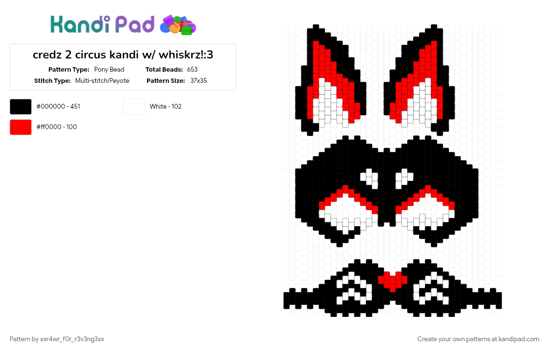 credz 2 circus kandi w/ whiskrz!:3 - Pony Bead Pattern by xxr4wr_f0r_r3v3ng3xx on Kandi Pad - black, red, white