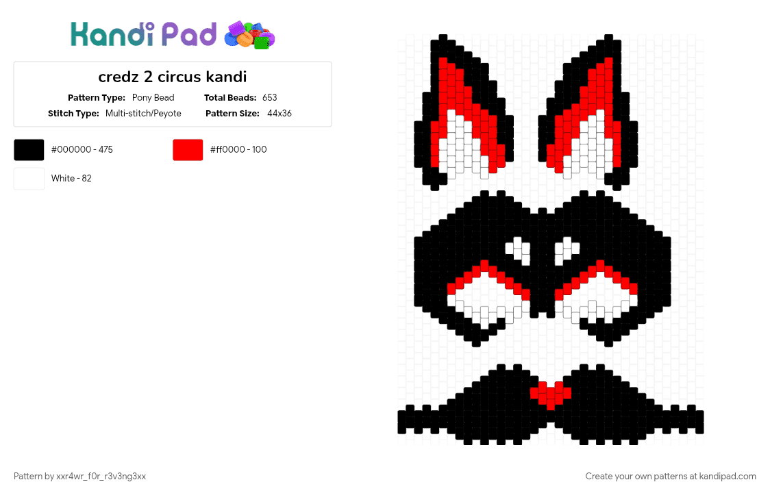 credz 2 circus kandi - Pony Bead Pattern by xxr4wr_f0r_r3v3ng3xx on Kandi Pad - black, cool, furry, furry mask, mask, red, therian, therian mask, white