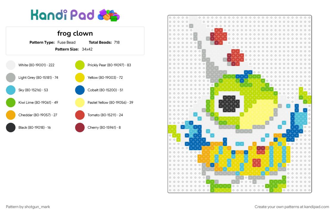 frog clown - Fuse Bead Pattern by shotgun_mark on Kandi Pad - beige, green, yellow