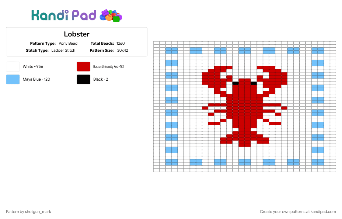 Lobster - Pony Bead Pattern by shotgun_mark on Kandi Pad - light blue, red, white