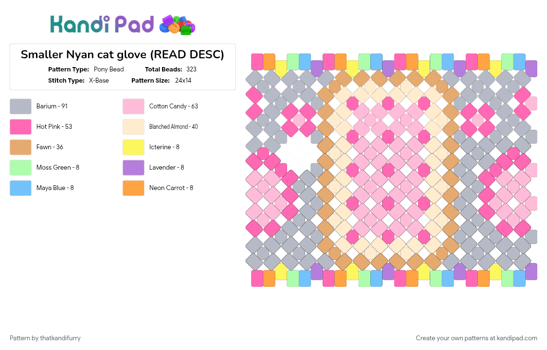 Smaller Nyan cat glove (READ DESC) - Pony Bead Pattern by thatkandifurry on Kandi Pad - beige, orange, pink