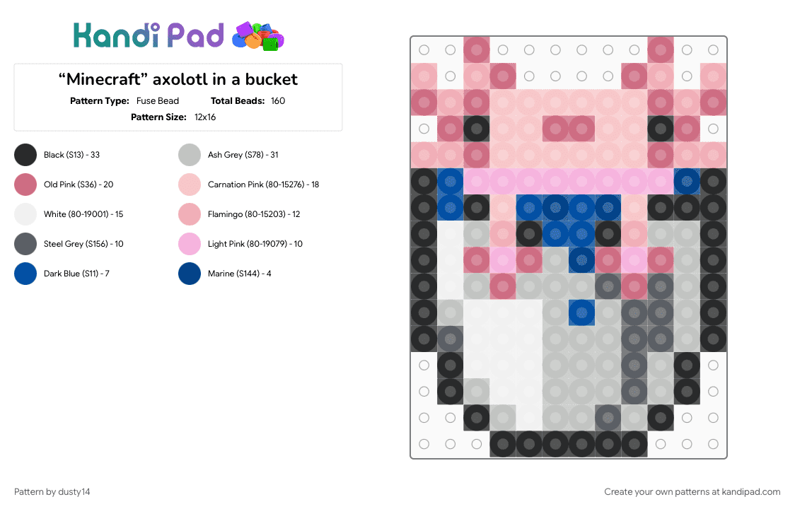 “Minecraft” axolotl in a bucket - Fuse Bead Pattern by dusty14 on Kandi Pad - beige, pink