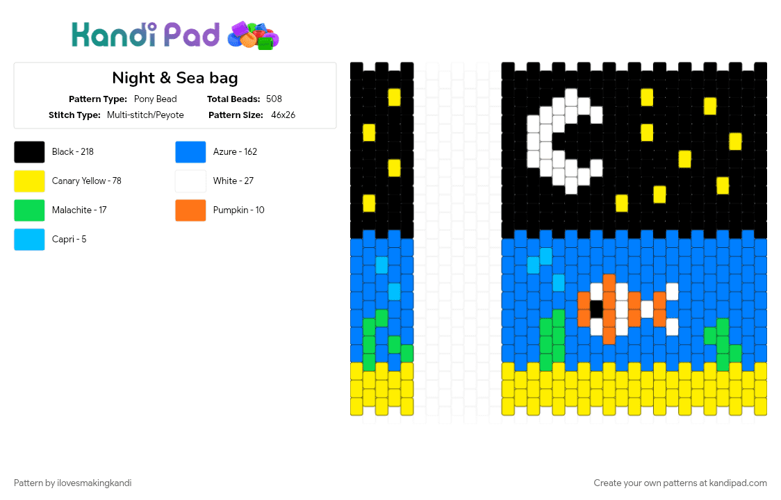 Night & Sea bag - Pony Bead Pattern by ilovesmakingkandi on Kandi Pad - bag pattern, blue, nighttime, underwater scene, yellow