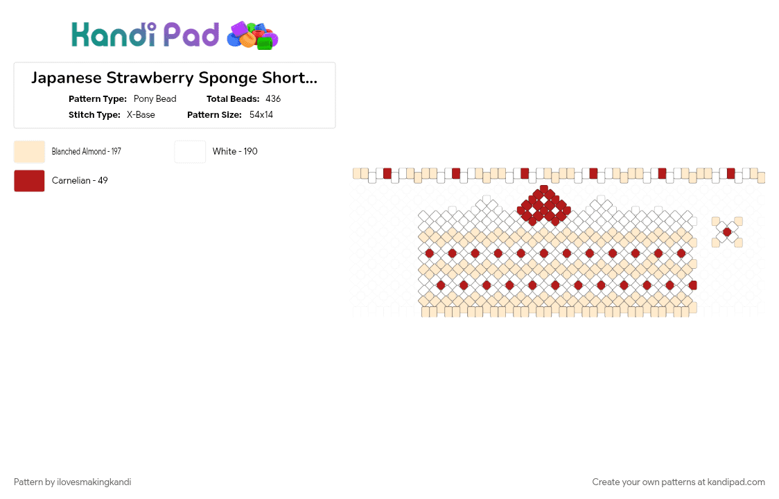 Japanese Strawberry Sponge Shortcake X-base cuff - Pony Bead Pattern by ilovesmakingkandi on Kandi Pad - beige, food cuff, spongecake, strawberry shortcake, xbase