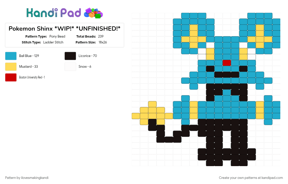 Pokemon Shinx - Pony Bead Pattern by ilovesmakingkandi on Kandi Pad - light blue, pokemon, shinx, wip