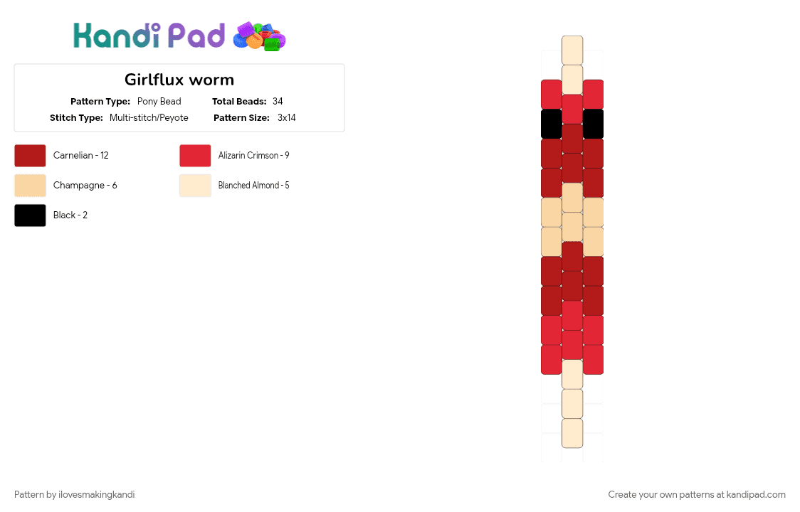 Girlflux worm - Pony Bead Pattern by ilovesmakingkandi on Kandi Pad - beige, girlflux, red, worm, worm on a string