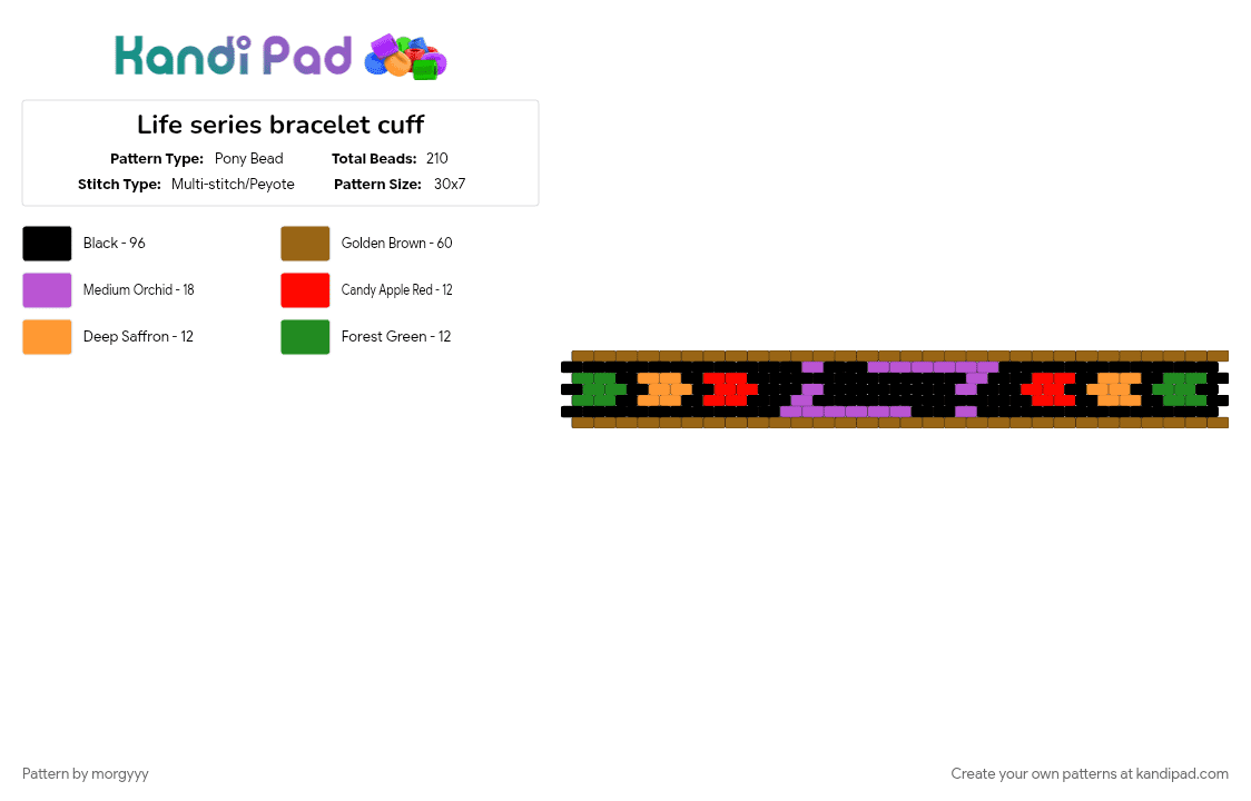 Life series bracelet cuff - Pony Bead Pattern by morgyyy on Kandi Pad - black, bracelet, good luck, life series, life series smp, minecraft, odd peyote, peyote cuff, tan, traffic light hearts