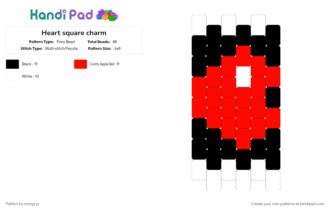 Heart square charm - Pony Bead Pattern by morgyyy on Kandi Pad - charm, heart, peyote stitch, red, square, white