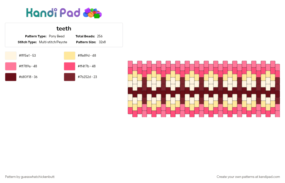 teeth - Pony Bead Pattern by guesswhatchickenbutt on Kandi Pad - brown, creepy, pink, red, scary, teeth, weird, yellow