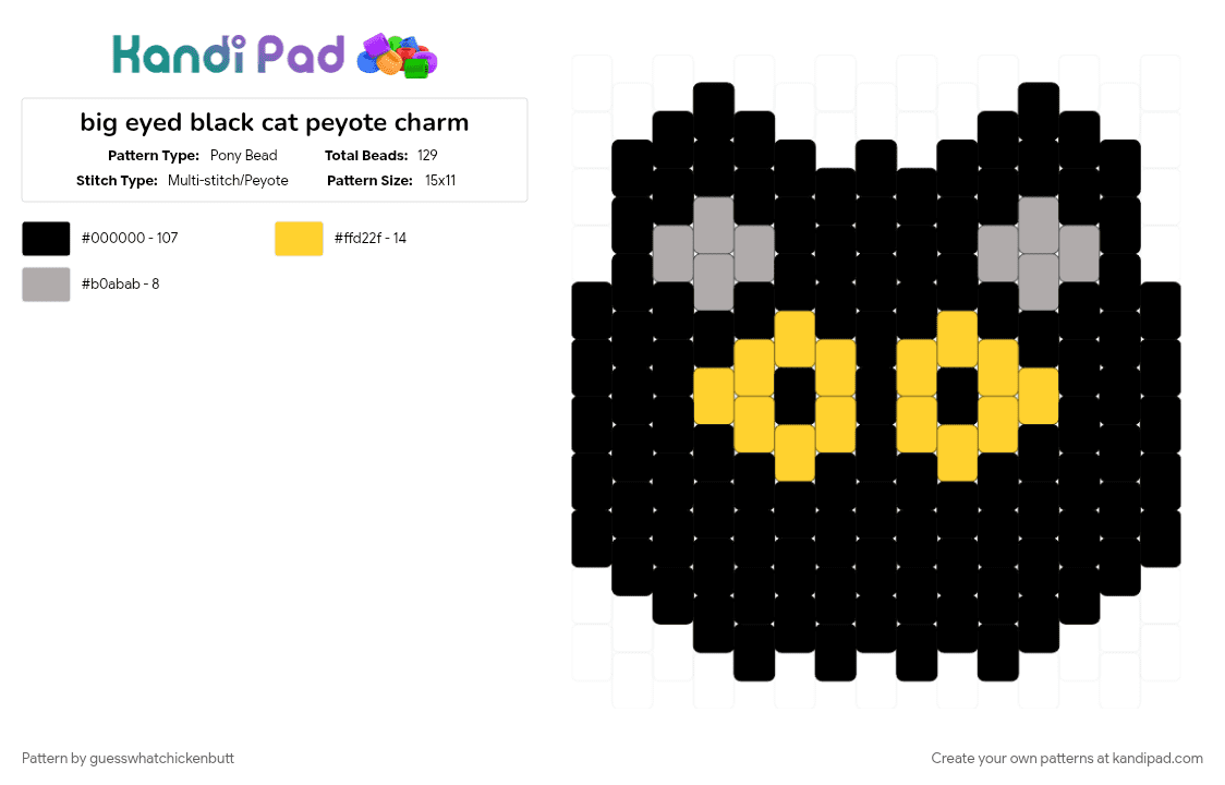 big eyed black cat peyote charm - Pony Bead Pattern by guesswhatchickenbutt on Kandi Pad - beige, black, cat, charm, cute, kitten, kitty, peyote, yellow