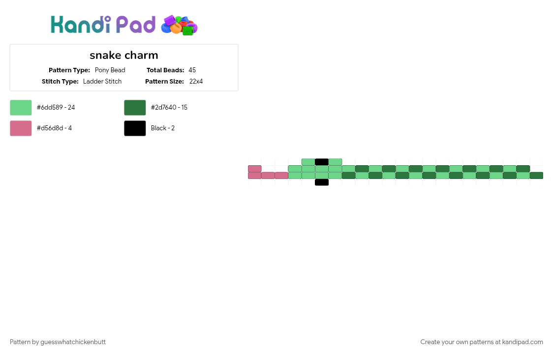snake charm - Pony Bead Pattern by guesswhatchickenbutt on Kandi Pad - animal, charm, green, ladder stitch, reptile, snake, teal