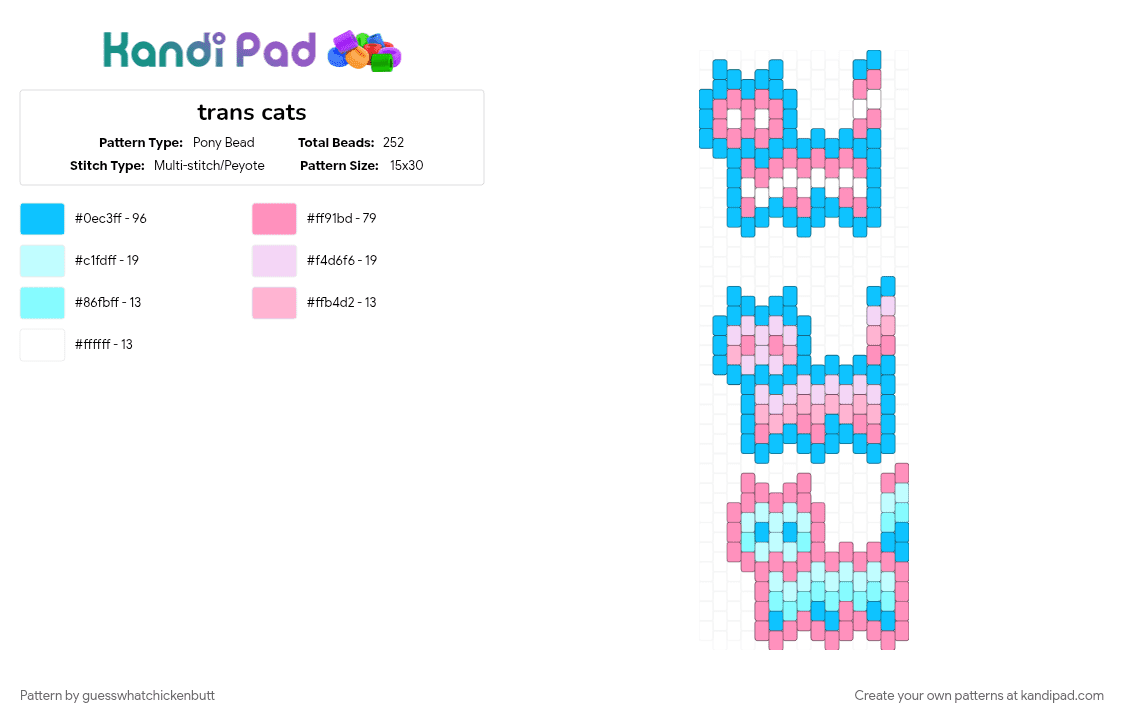 trans cats - Pony Bead Pattern by guesswhatchickenbutt on Kandi Pad - animal, cat, charm, lgbtq, light blue, pink, pride, trans, transfem, transmasc