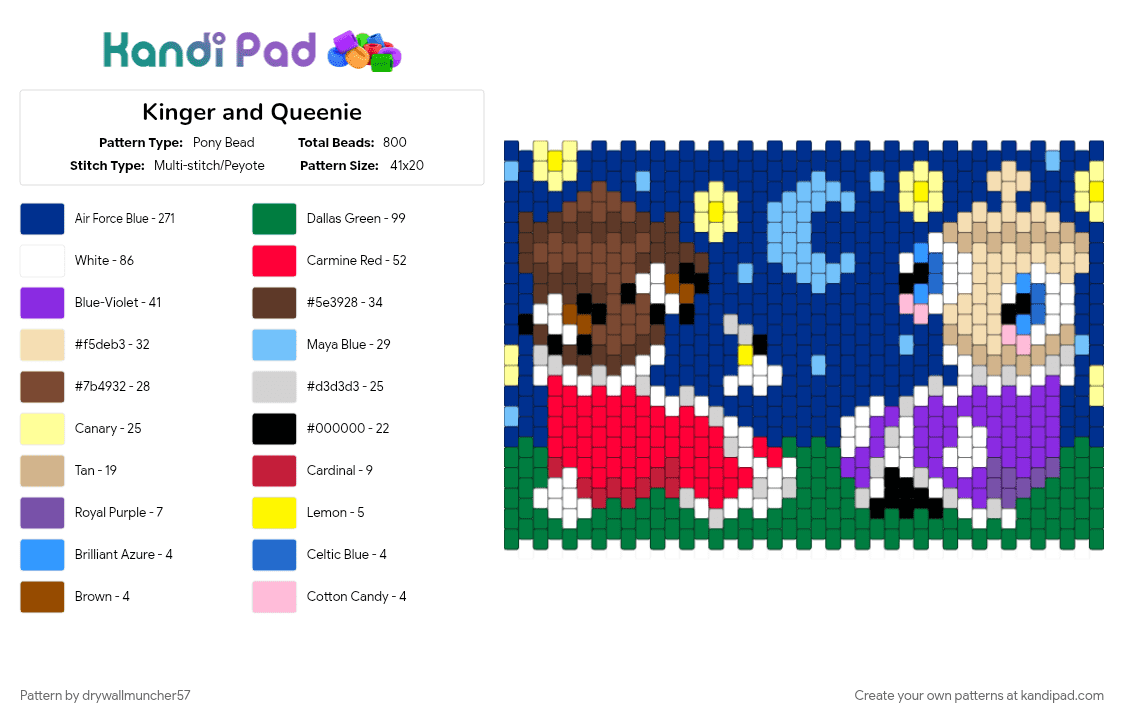 Kinger and Queenie - Pony Bead Pattern by drywallmuncher57 on Kandi Pad - blue, green, red
