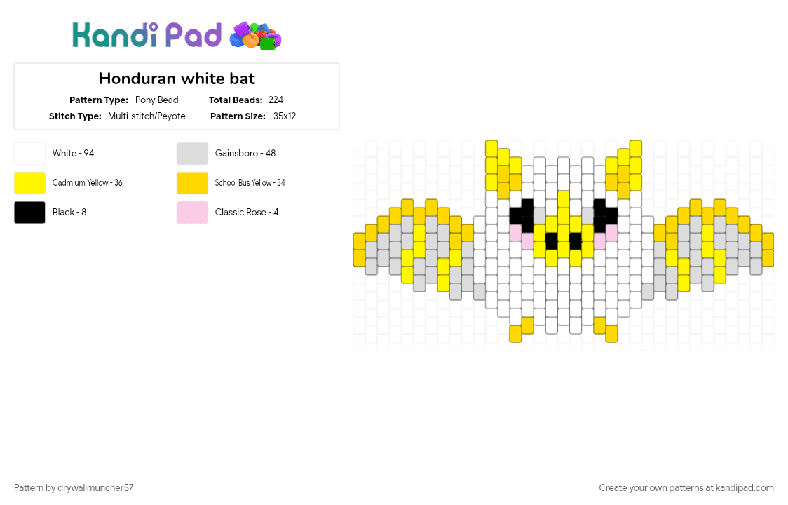 Honduran white bat - Pony Bead Pattern by drywallmuncher57 on Kandi Pad - animal, bat, cute, halloween, spooky, white, yellow