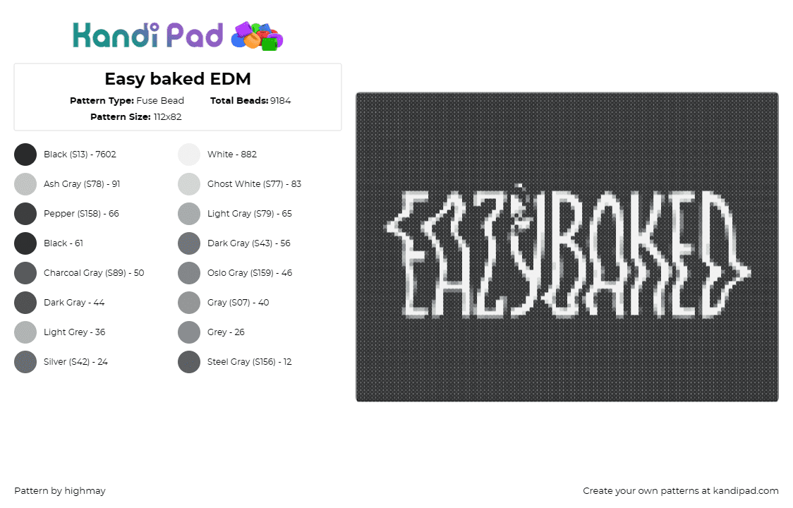 Easy baked EDM - Fuse Bead Pattern by highmay on Kandi Pad - eazybaked,text,dj,band,music,logo,white,black