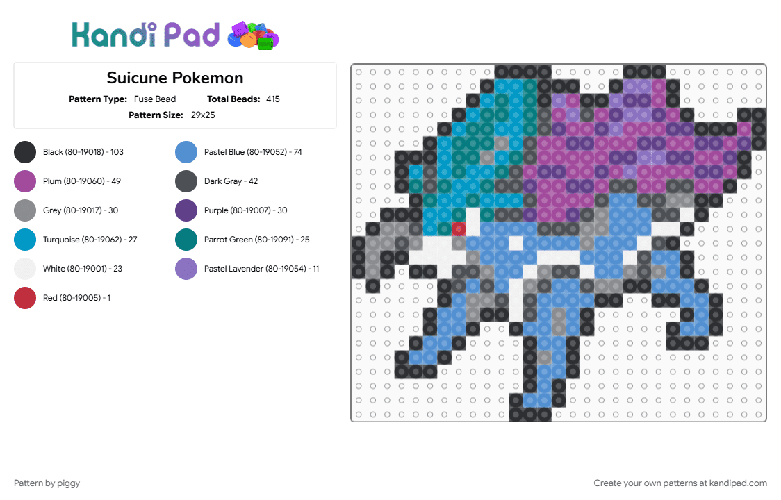 Suicune Pokemon - Fuse Bead Pattern by piggy on Kandi Pad - gray, light blue, pink, pokemon