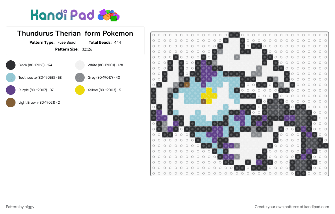 Thundurus Therian  form Pokemon - Fuse Bead Pattern by piggy on Kandi Pad - gray, light blue, pokemon, purple, white