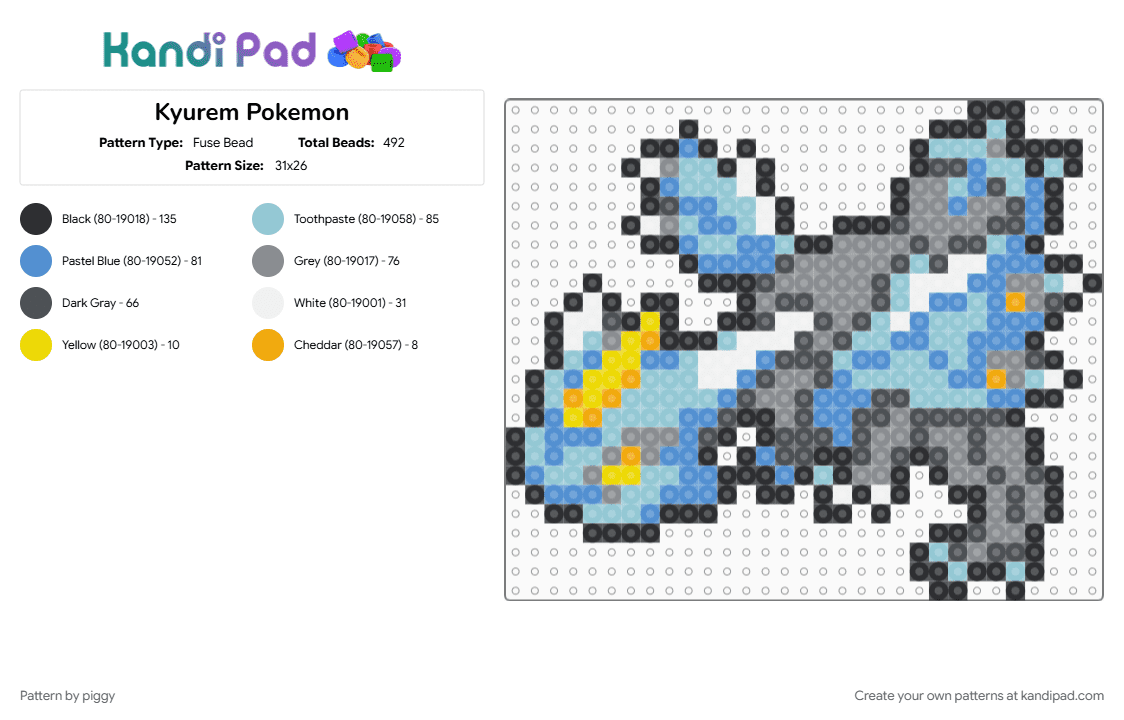 Kyurem Pokemon - Fuse Bead Pattern by piggy on Kandi Pad - gray, light blue, pokemon