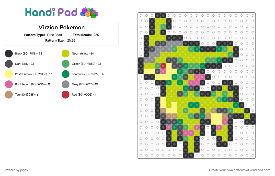 Virzion Pokemon - Fuse Bead Pattern by piggy on Kandi Pad - gray, green, pokemon