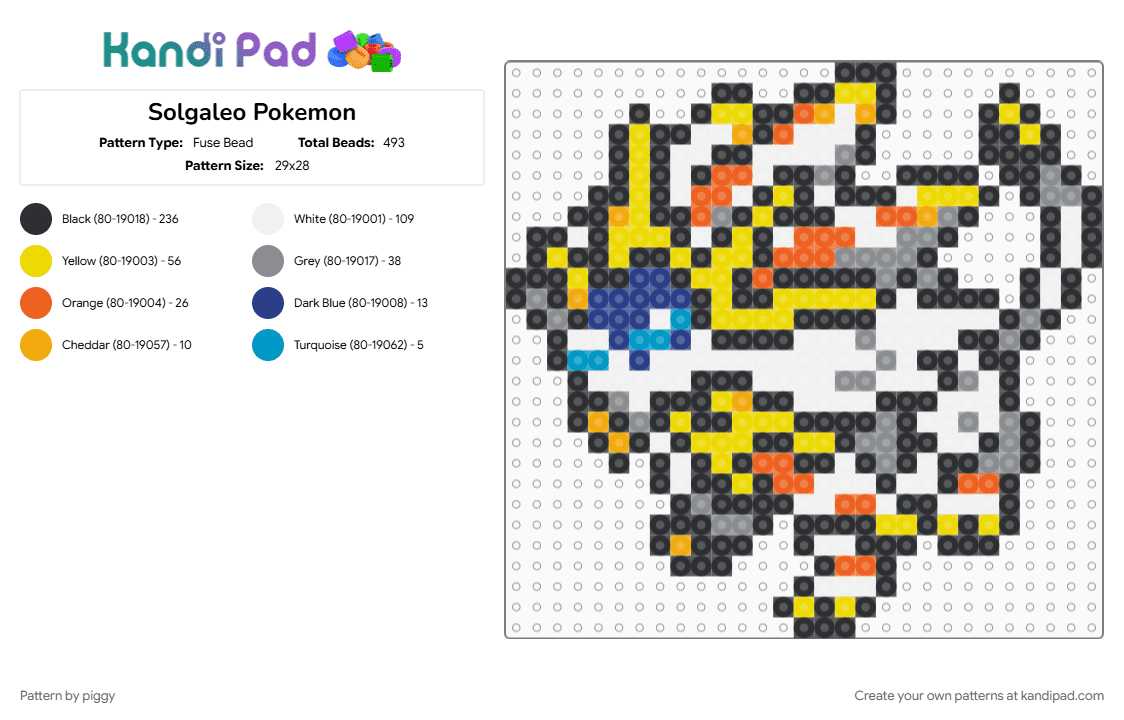 Solgaleo Pokemon - Fuse Bead Pattern by piggy on Kandi Pad - black, colorful, gray, pokemon, white, yellow