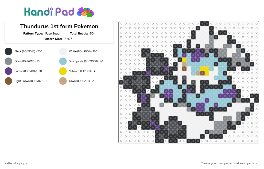 Thundurus 1st form Pokemon - Fuse Bead Pattern by piggy on Kandi Pad - gray, light blue, pokemon, purple, white