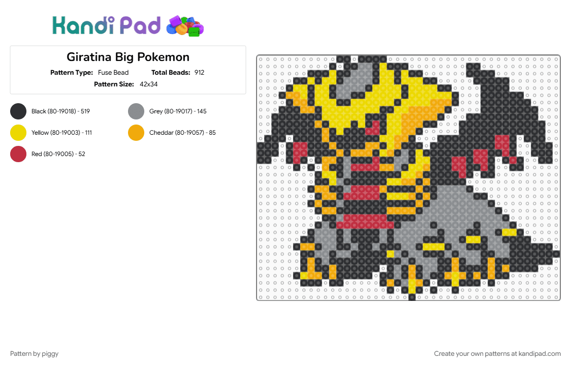 Giratina Big Pokemon - Fuse Bead Pattern by piggy on Kandi Pad - black, gray, pokemon, yellow