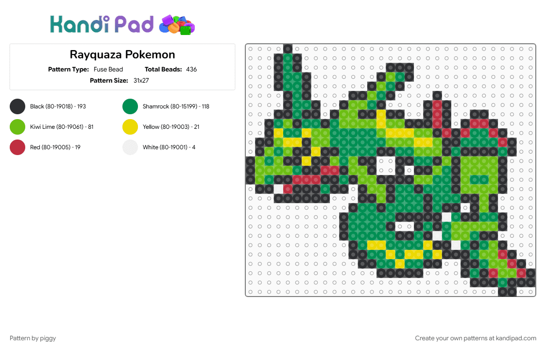 Rayquaza Pokemon - Fuse Bead Pattern by piggy on Kandi Pad - green, pokemon