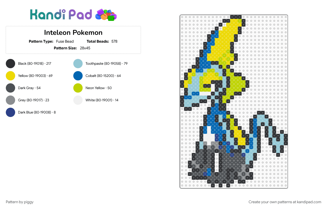 Inteleon Pokemon - Fuse Bead Pattern by piggy on Kandi Pad - blue, gray, light blue, pokemon, yellow