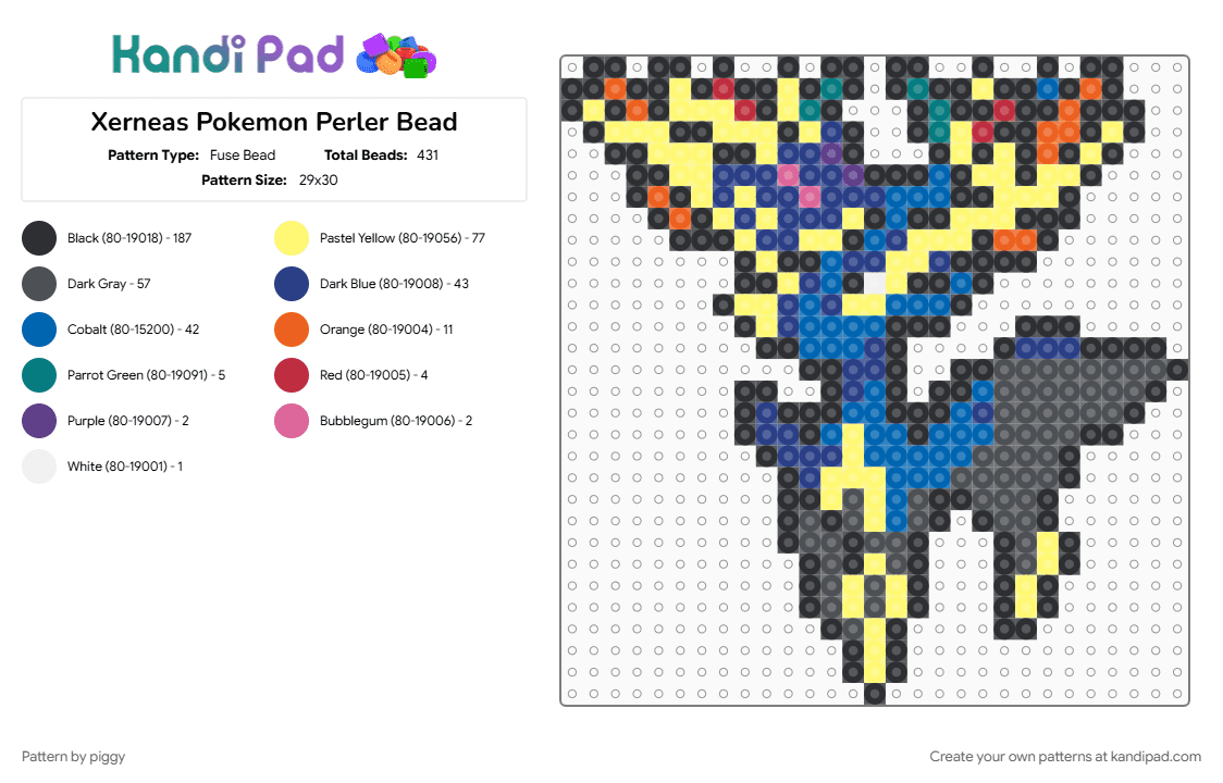 Xerneas Pokemon Perler Bead - Fuse Bead Pattern by piggy on Kandi Pad - black, blue, gray, pokemon, yellow