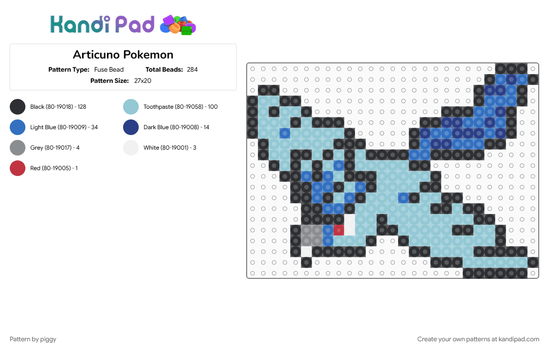 Articuno Pokemon - Fuse Bead Pattern by piggy on Kandi Pad - blue, light blue, pokemon