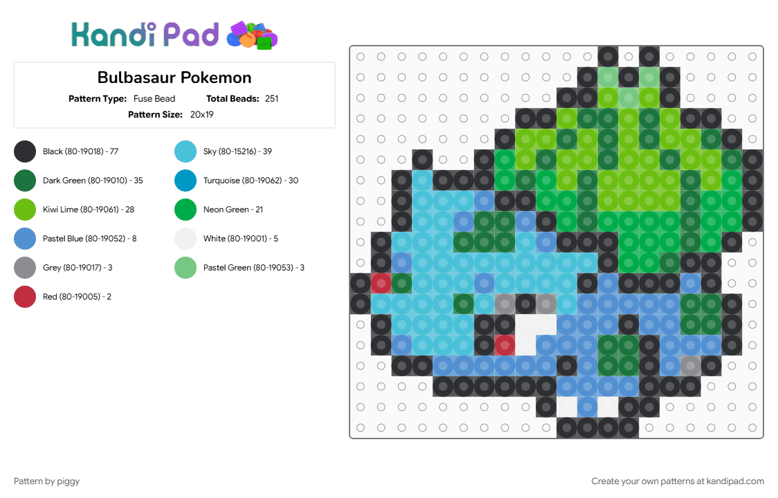 Bulbasaur Pokemon - Fuse Bead Pattern by piggy on Kandi Pad - green, light blue