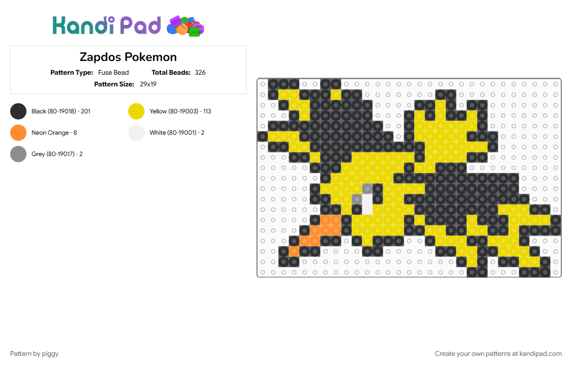 Zapdos Pokemon - Fuse Bead Pattern by piggy on Kandi Pad - black, pokemon, yellow