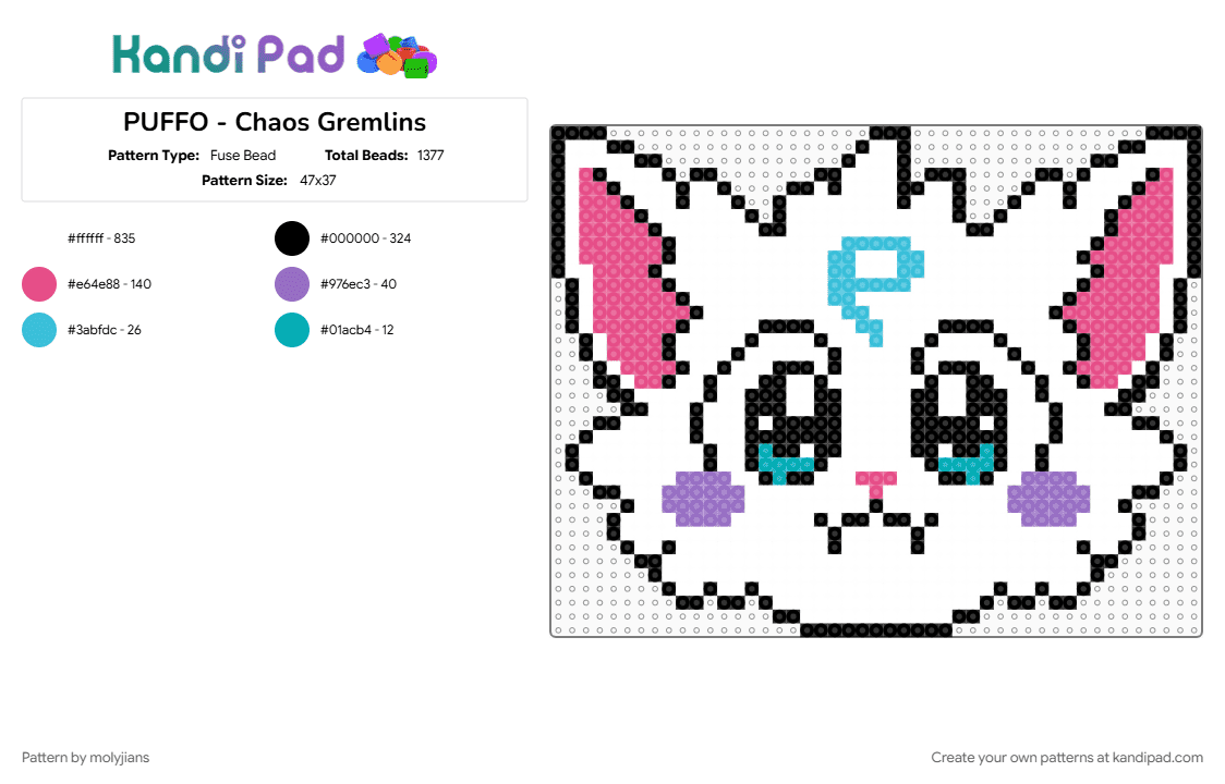 PUFFO - Chaos Gremlins - Fuse Bead Pattern by molyjians on Kandi Pad - pink, white