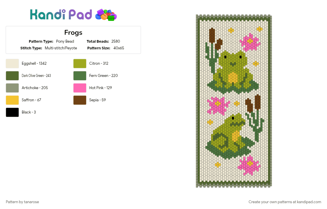 Frogs - Pony Bead Pattern by tanarose on Kandi Pad - gold, gray, green, white