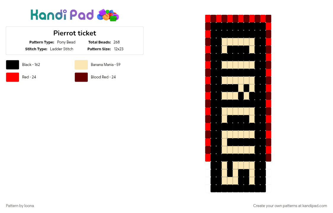 Pierrot ticket - Pony Bead Pattern by loona on Kandi Pad - beige, black