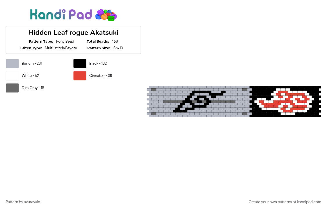 Hidden Leaf rogue Akatsuki - Pony Bead Pattern by azuravain on Kandi Pad - akatsuki, gray, hidden leaf, orochimaru, red, rogue, uchiha, white
