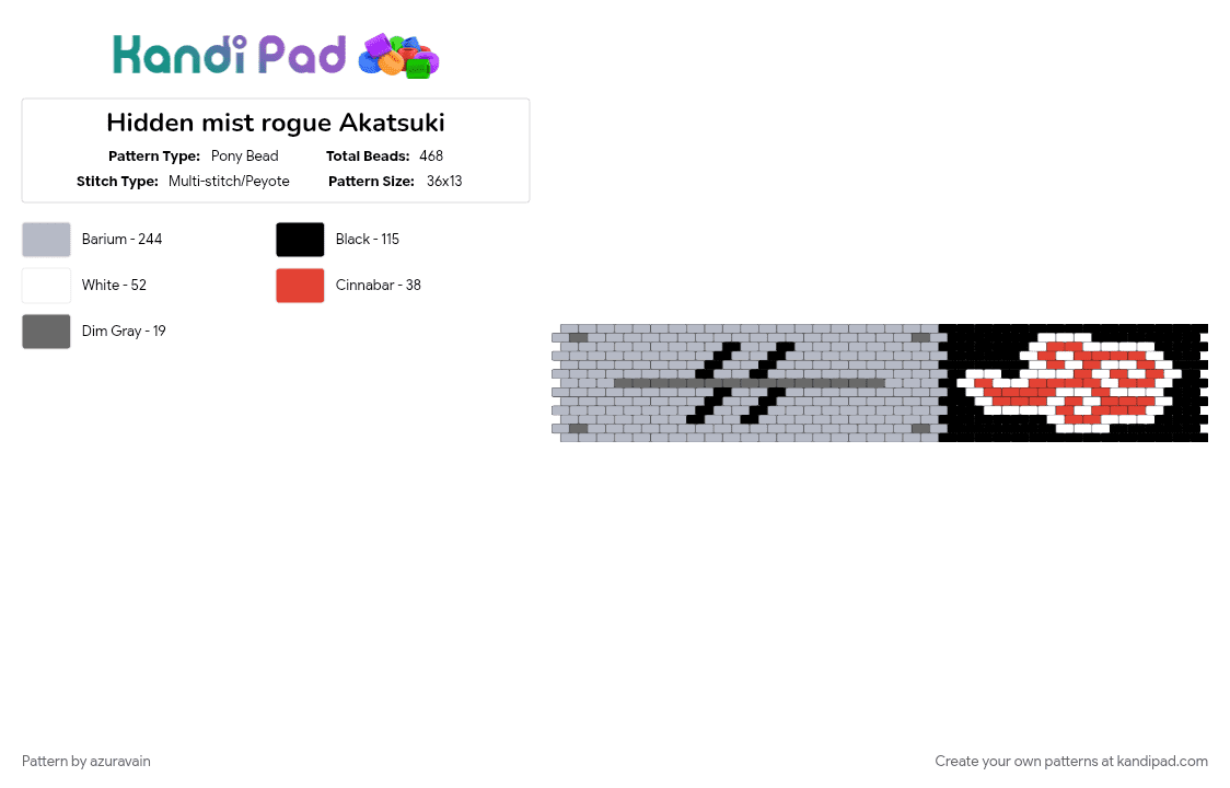 Hidden mist rogue Akatsuki - Pony Bead Pattern by azuravain on Kandi Pad - akatsuki, gray, hidden mist, kisame, red, rogue, white