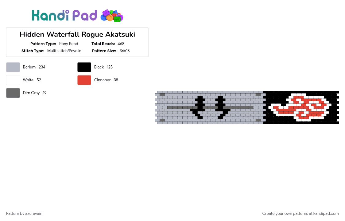 Hidden Waterfall Rogue Akatsuki - Pony Bead Pattern by azuravain on Kandi Pad - akatsuki, gray, hidden waterfall, kakuzu, red, rogue, white