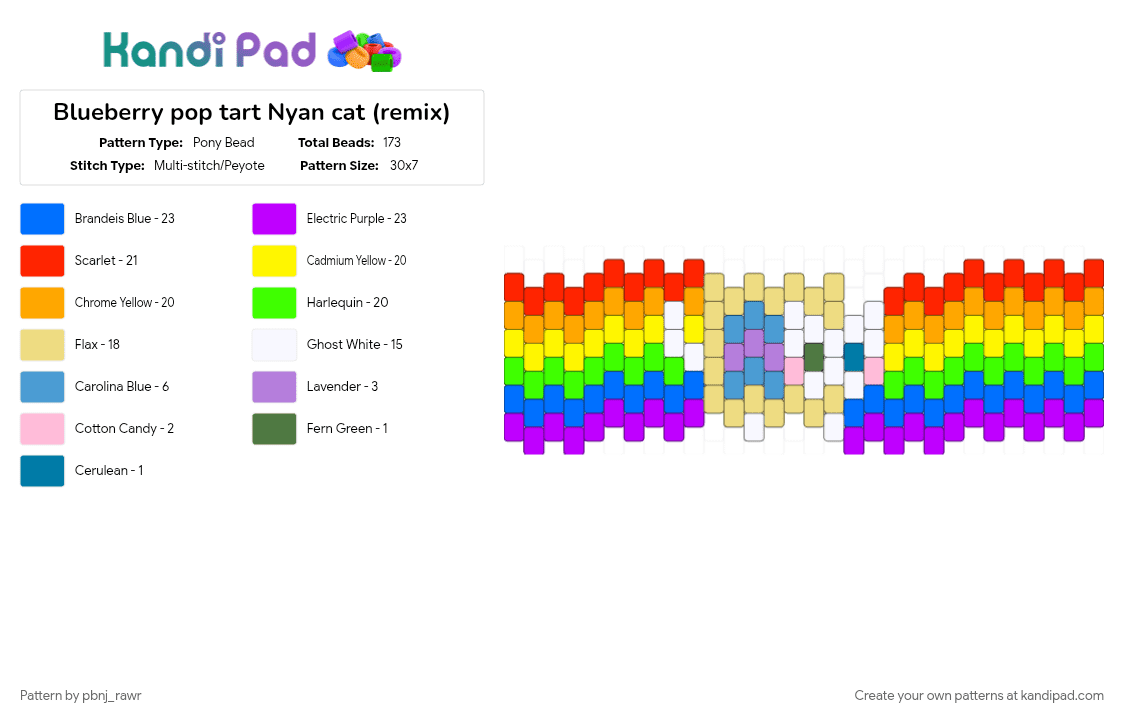 Blueberry pop tart Nyan cat (remix) - Pony Bead Pattern by pbnj_rawr on Kandi Pad - blue, colorful, red, yellow