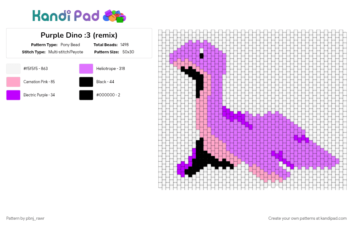 Purple Dino :3 (remix) - Pony Bead Pattern by pbnj_rawr on Kandi Pad - pink, white