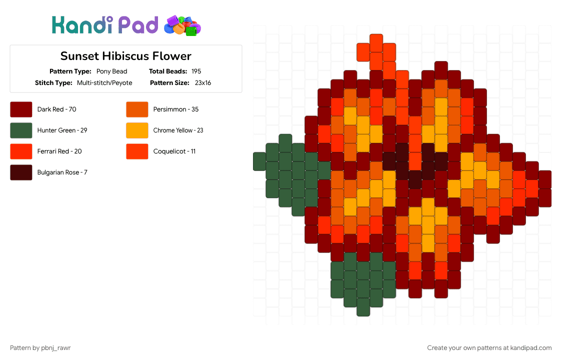 Sunset Hibiscus Flower - Pony Bead Pattern by pbnj_rawr on Kandi Pad - orange, red